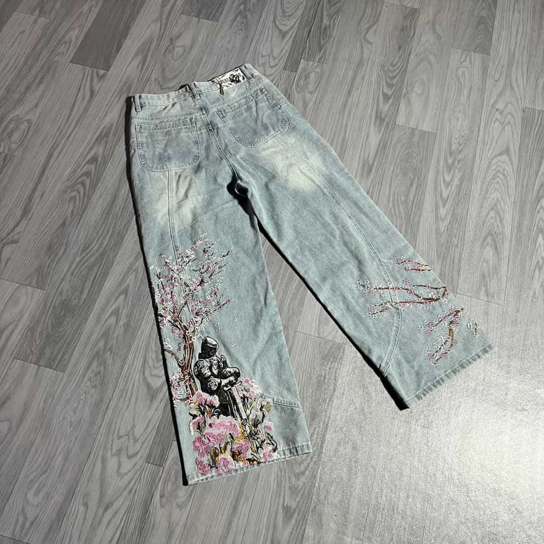 Derschutze retro plum cherry blossom embroidered jeans for men